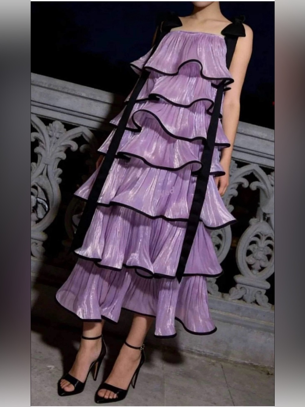 NWT Lavender Tiered Ruffle Dress with Black Trim